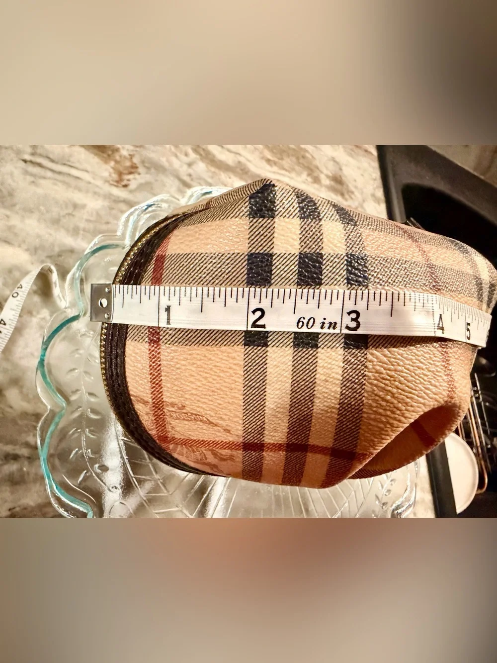 Authentic Burberry Tan Plaid Cosmetic Pouch with Black and Red Stripes